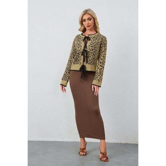 Leopard Print Cardigan Sweater Women's Cotton Blend Open Front Bow Tie Long Slee - Picture 3 of 4